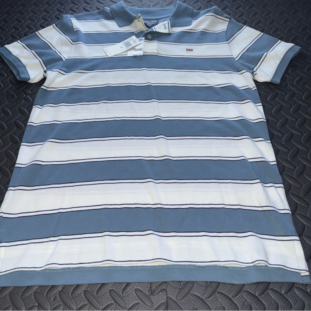 Men's Blue and White Striped Polo Shirt